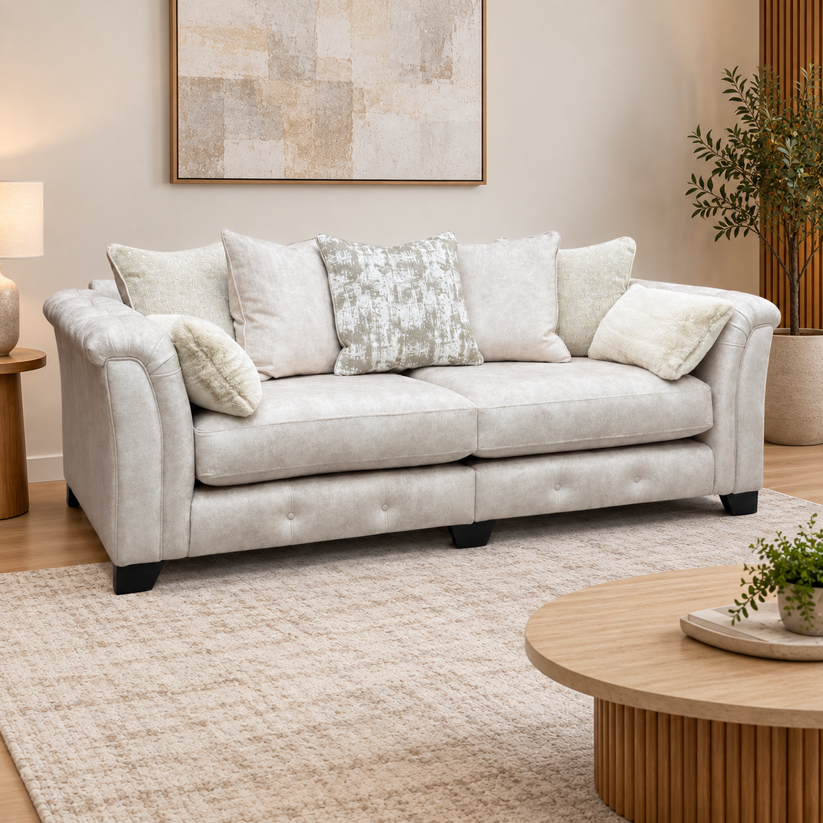 'Aura’ Kenzo Cream Dw Ft Velvet Fabric 4 Seater Scatter Back Split Frame Sofa