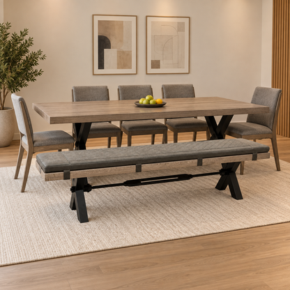 Bodahl Njord 8 Vintage Grey Solid Oak 220cm Dining Bench with Metal X Shaped Legs + Steel Grey Bench Pad – view 2