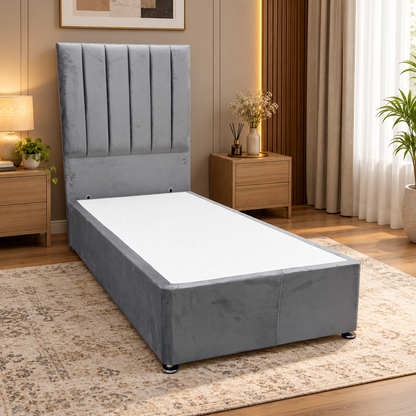 'Oscar' Grey Velvet Floor Standing Headboard with 2 Drawer Divan Bed Base - Single