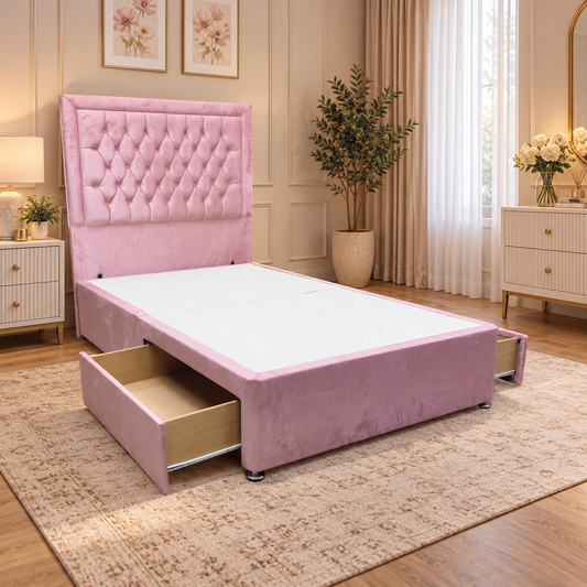 Elsie pink velvet small double divan bed in a bedroom with a patterned rug and cream bedside tables