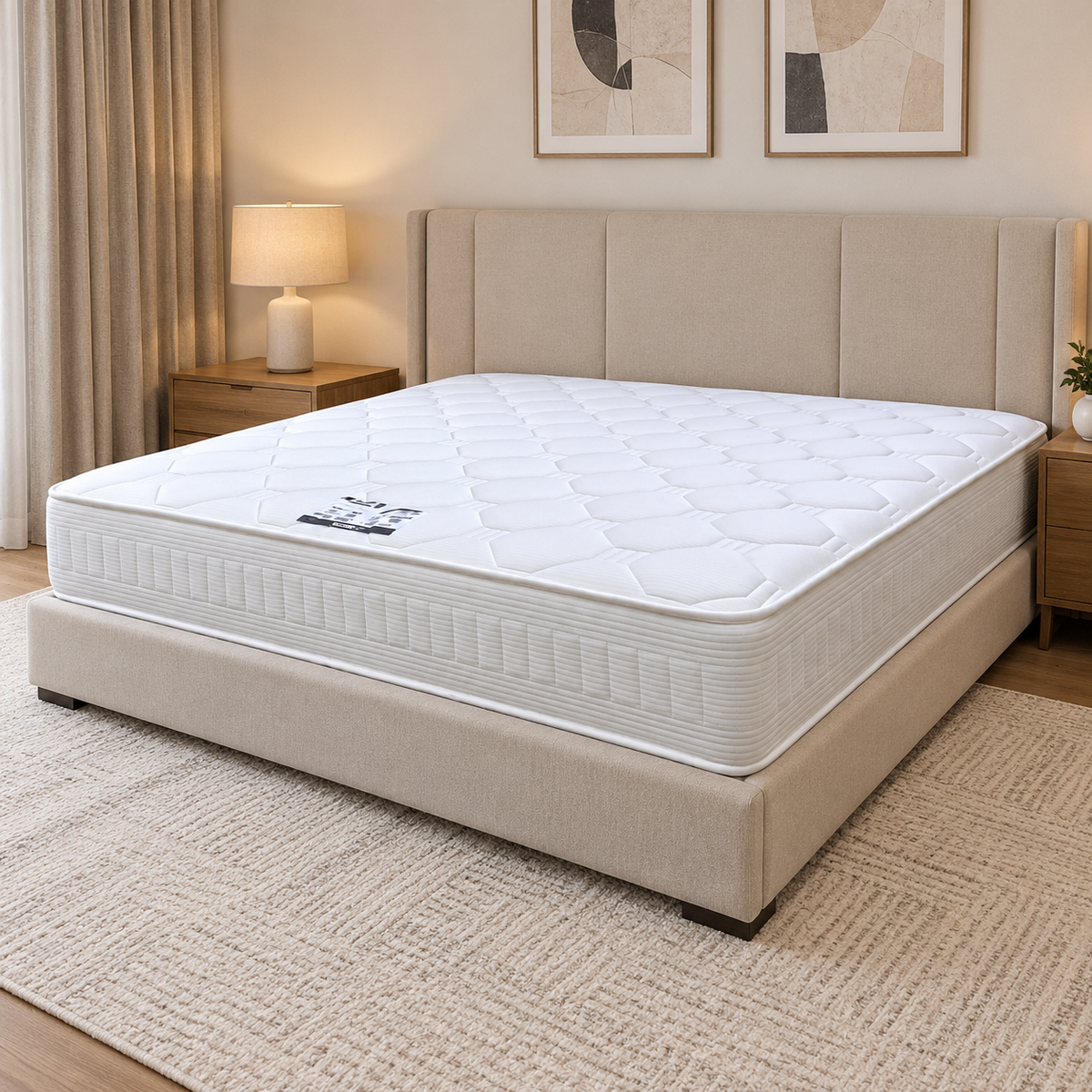 Nap 2000 natural pocket spring super king mattress on a beige upholstered bed frame in a bedroom