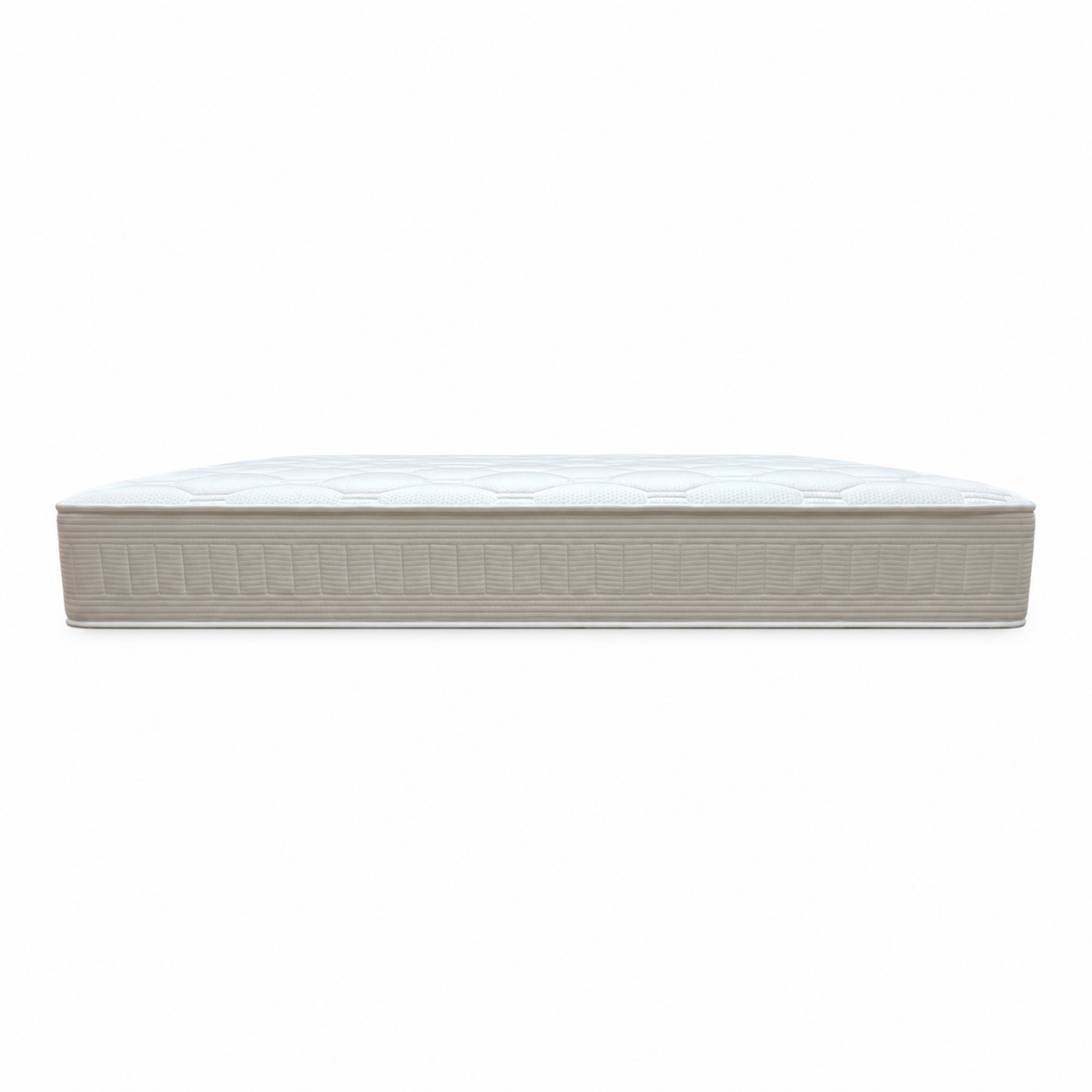 Side view of the Nap 2000 natural pocket spring super king mattress showing the beige woven border