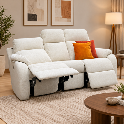 G Plan ‘Kingsbury’ C931 Rush Cream Woven Fabric 3 Seater Power Recliner Sofa with Power Headrests and Power Lumbar