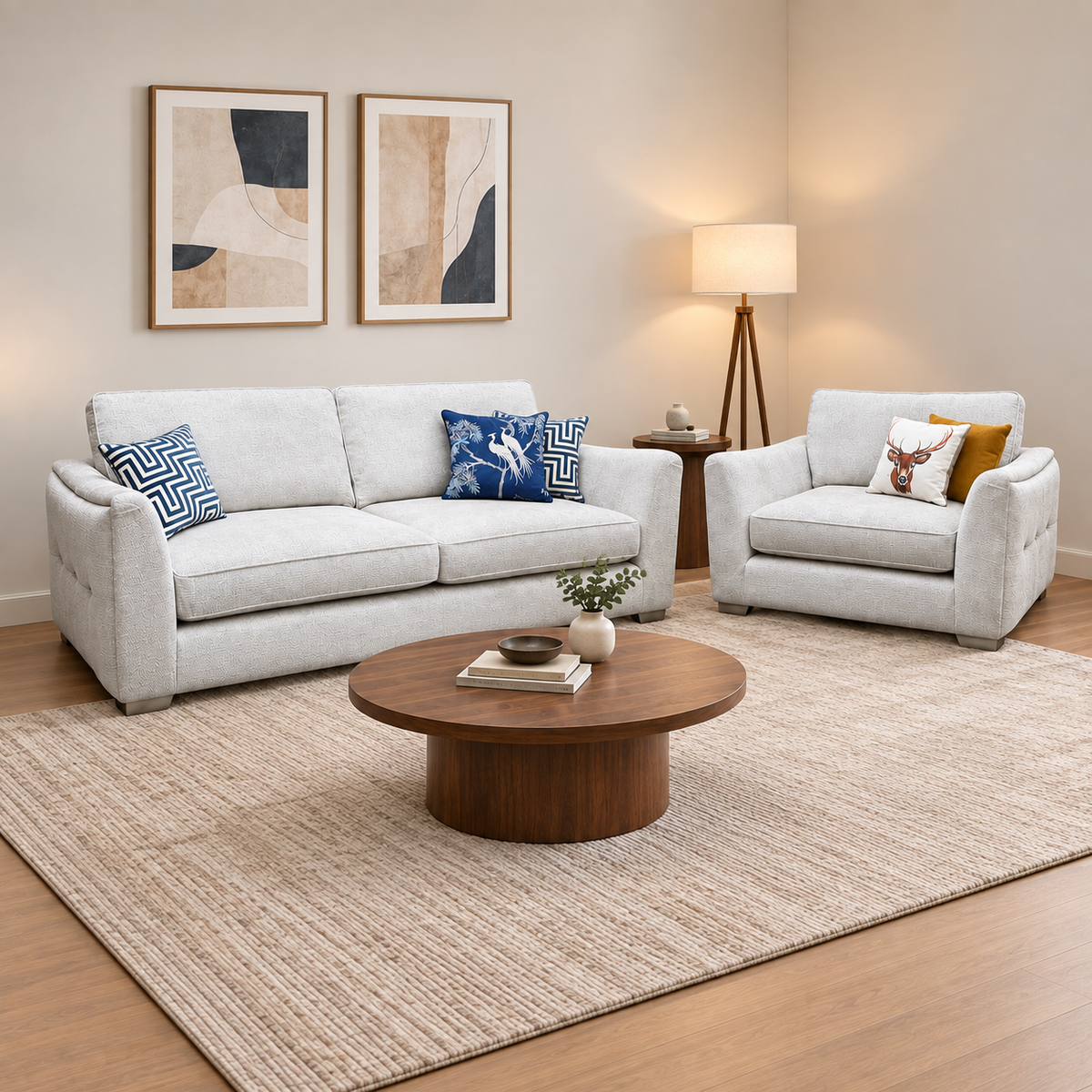 'Boujee' Lustro Dove Grey Ct 4 Seater Classic Back Sofa with Snuggler Chair Sofa Set