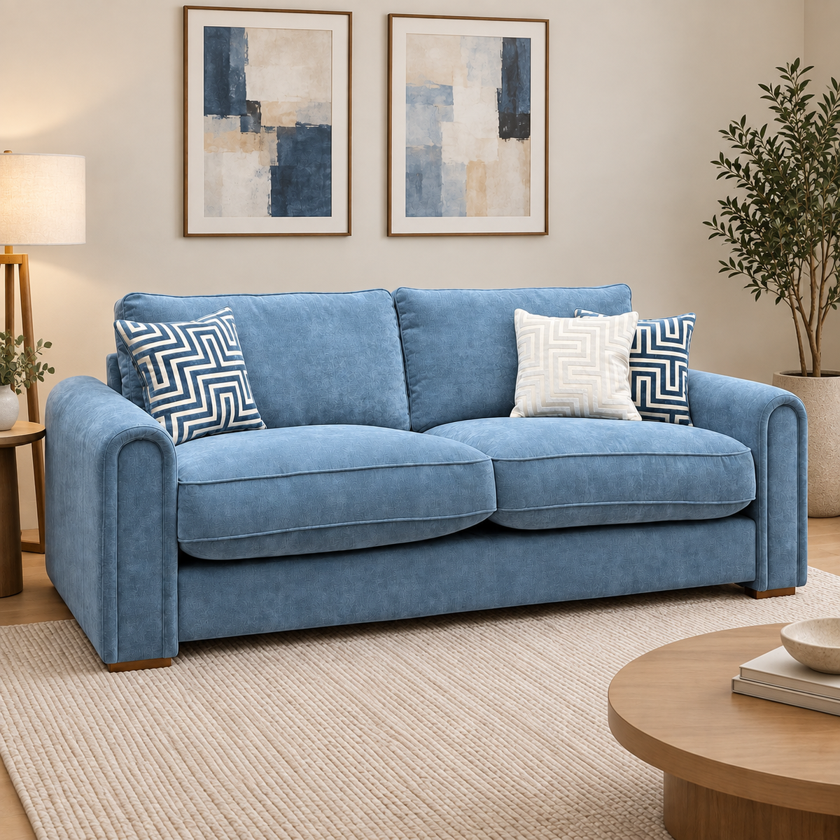 'Archy' Ansel Aqua Blue Lt Ft Fabric 220cm Midi Arm Sofa