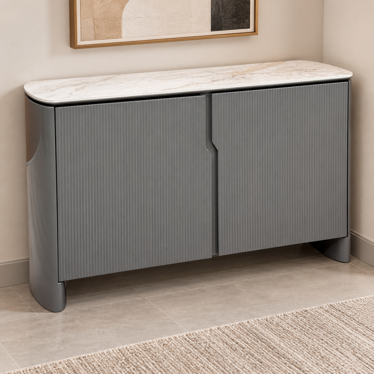 ‘Ivy’ High Gloss Grey Finish White Ceramic Top Small 2 Door Sideboard