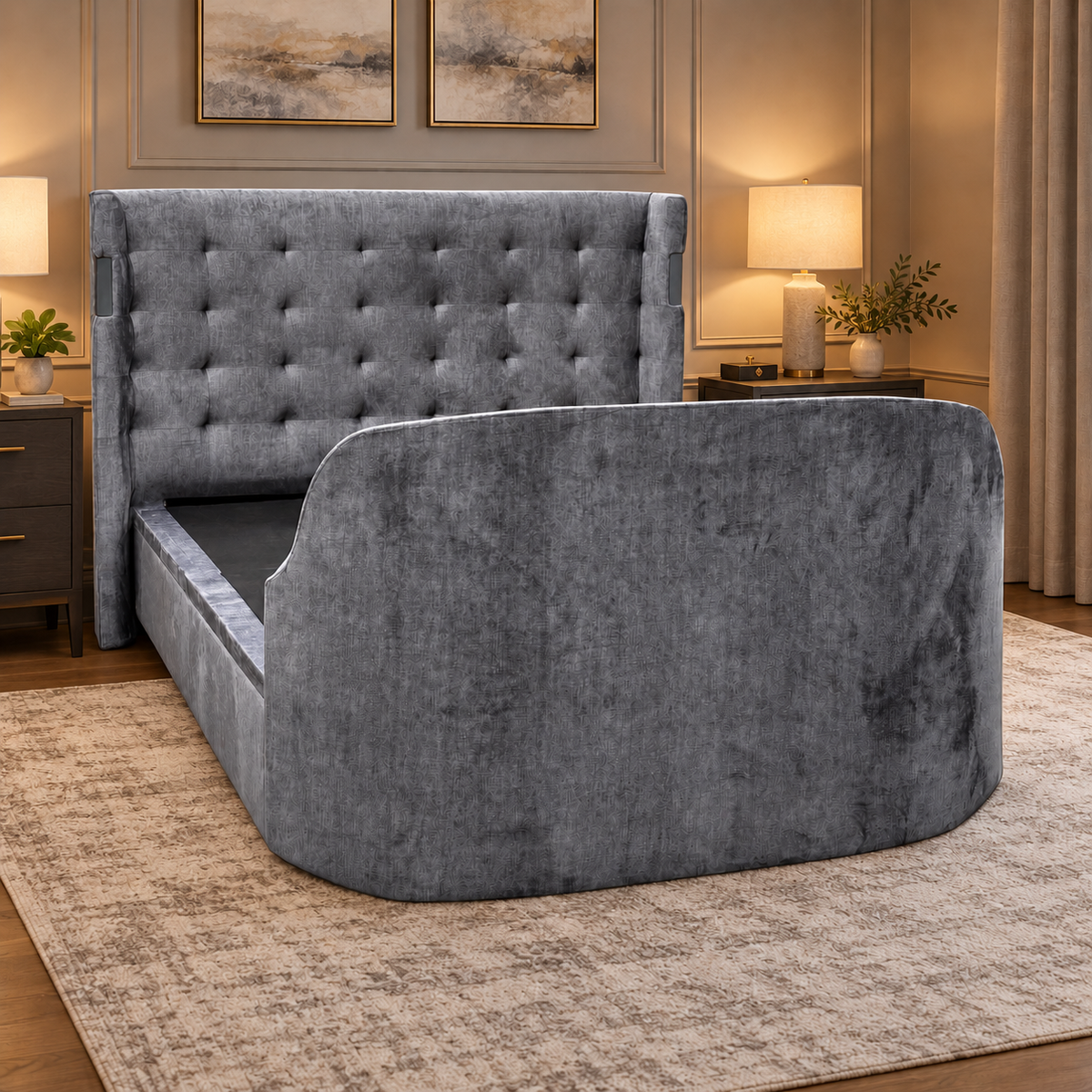 'Sonic' Dark Grey Velvet Fabric Smart Electric End Lift Ottoman TV Bed Frame with Dolby Atmos - King