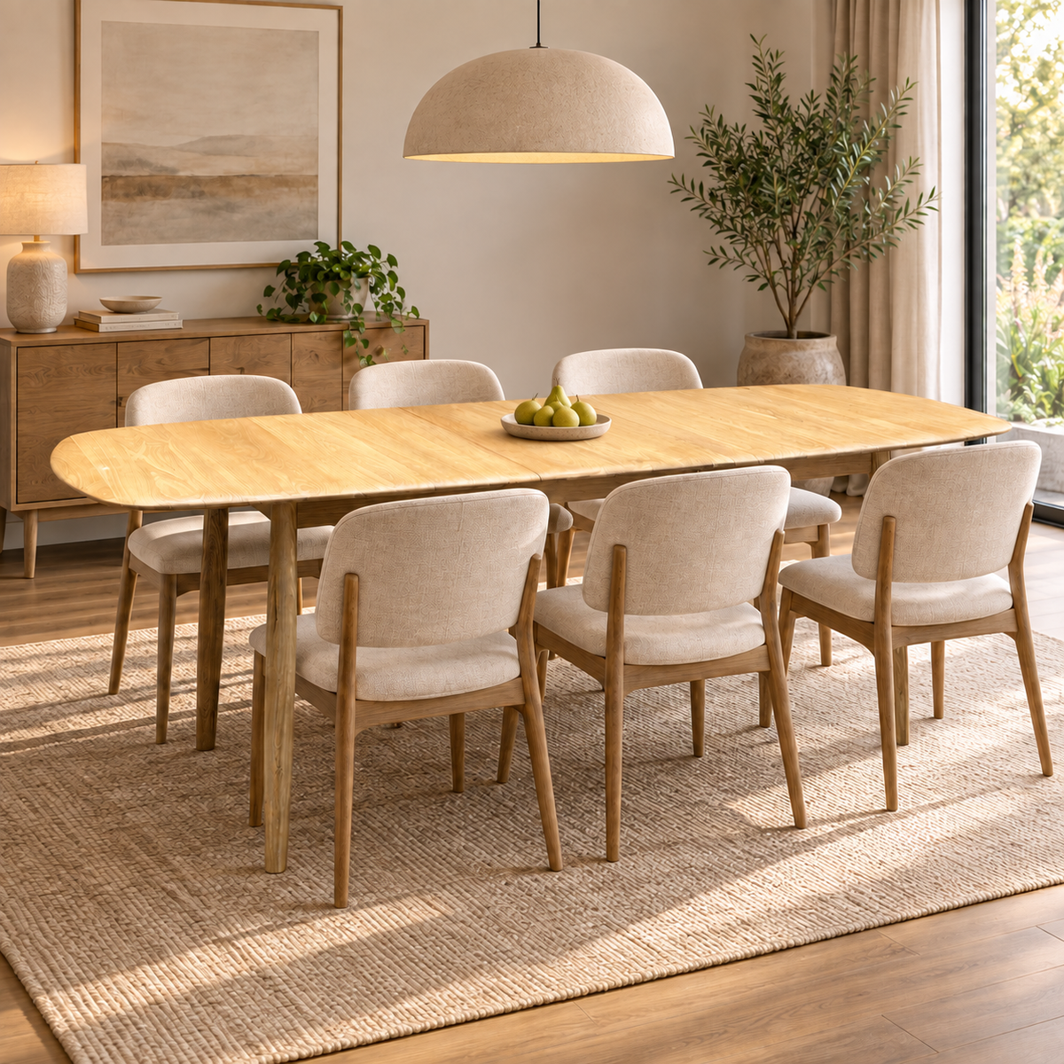 Stockholm light oak extending dining table extended in a dining room with six cream upholstered chairs