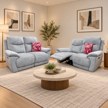 'Sloane' Hudson Mist Grey Fabric 2 + 2 Seater Power Recliner Sofa Set