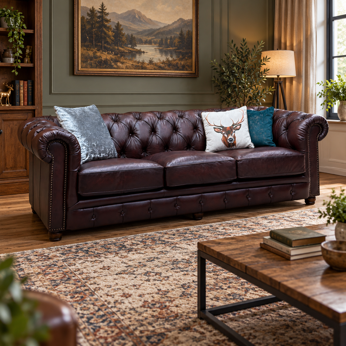 At The Helm ‘Shackleton’ Burgundy Leather 4 Seater Chesterfield Sofa