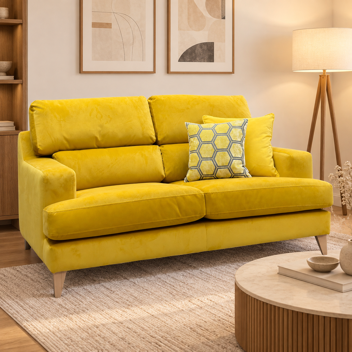 The Lounge Co. ‘Romilly’ Gol204 Golden Spice Yellow Velvet Fabric 2.5 Seater Sofa