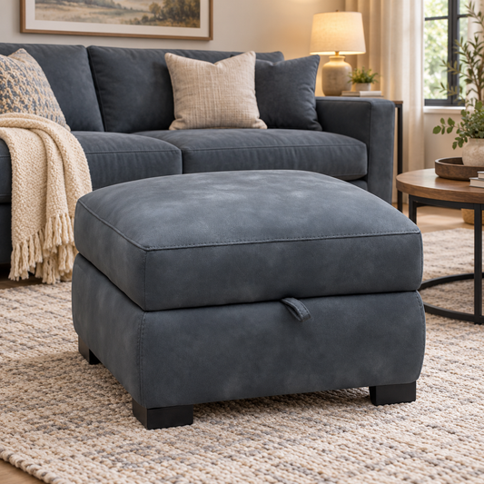 Nova charcoal grey suede fabric storage footstool in front of a grey sofa on a woven rug