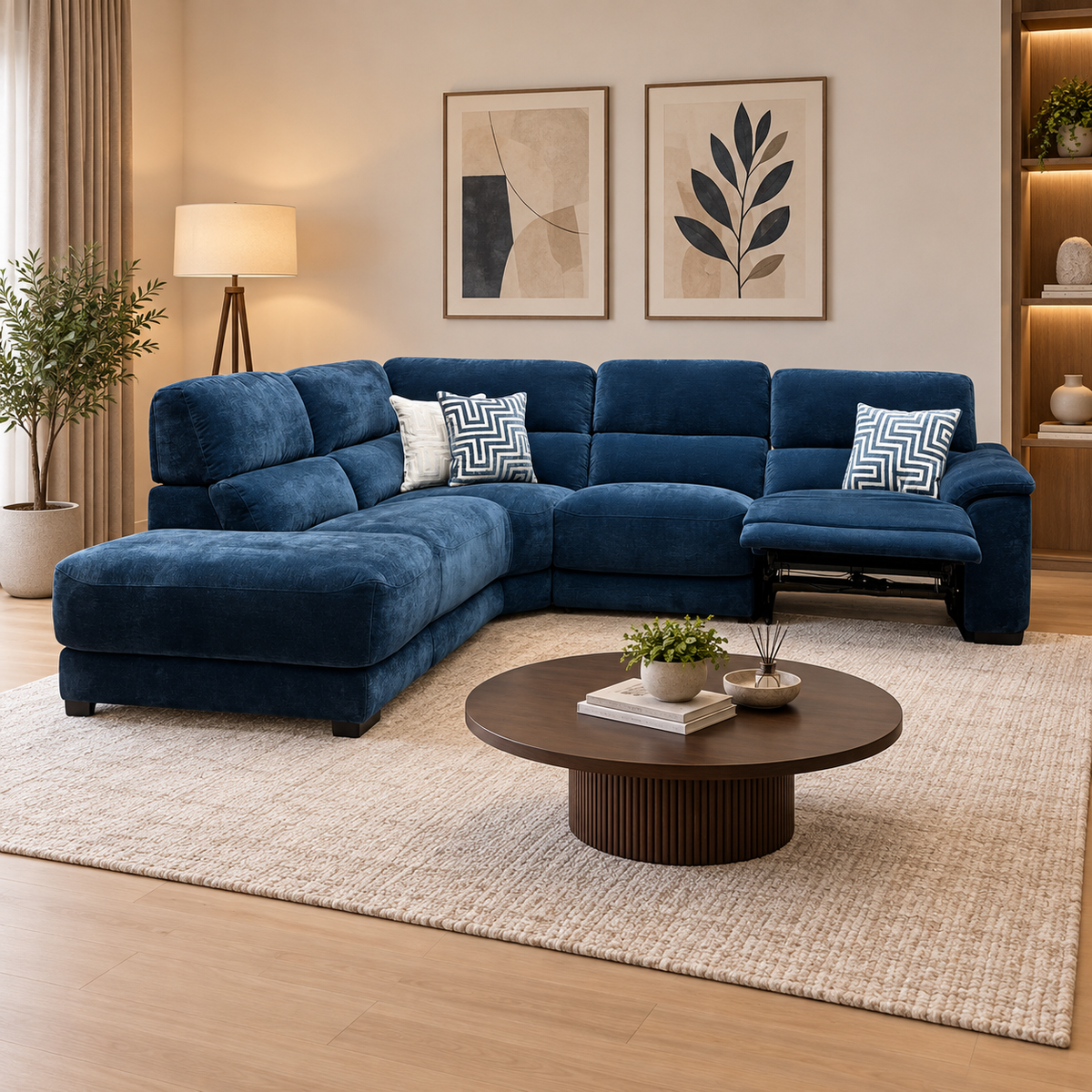 Nova steel blue fabric chaise end sofa in a living room with a round wooden coffee table and cream rug