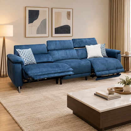 'Moet' Giula Dark Blue Velvet Fabric 4 Seater Power Recliner Sofa with Telescopic Headrests