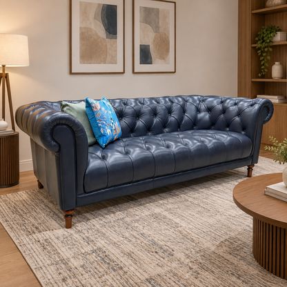 'Columbus' Midnight Navy Blue Cat-200_85 Leather 3 Seater Chesterfield Sofa