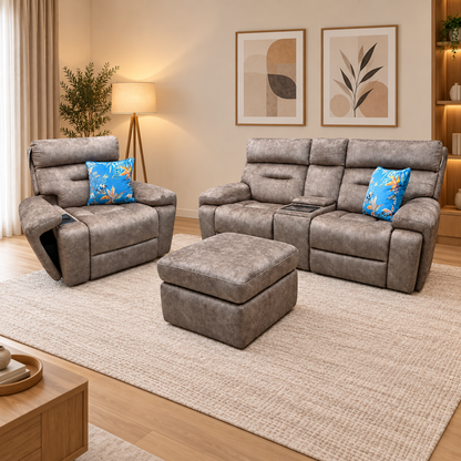 'Cinemax' Marble Classic Brown Velvet Fabric 2 Seater Media Power Recliner Sofa + Power Recliner Media Chair with Power Headrests + Storage Footstool Sofa Set