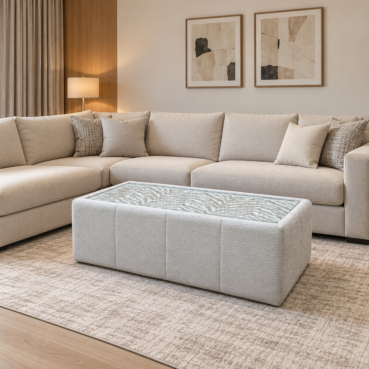'Boujee' Lustro Dove Grey Fabric Rectangular Glass Top Table