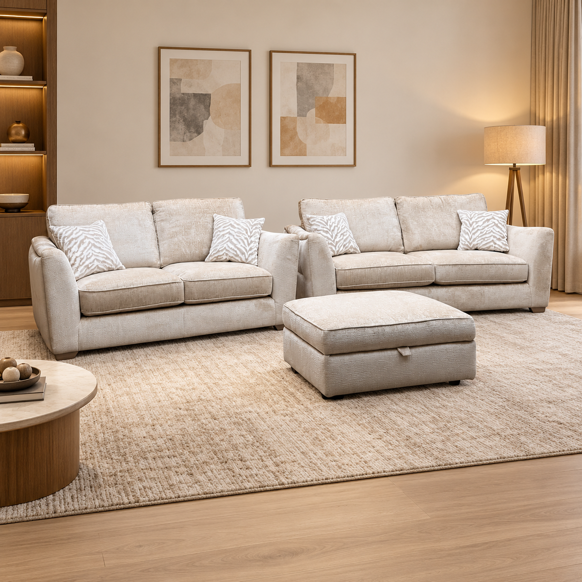 'Boujee' Lustro Biscuit Beige Fabric 3 + 2 Seater Classic Back Sofa Set + Storage Footstool