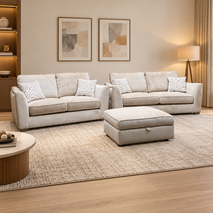 'Boujee' Lustro Biscuit Beige Fabric 3 + 2 Seater Classic Back Sofa Set + Storage Footstool