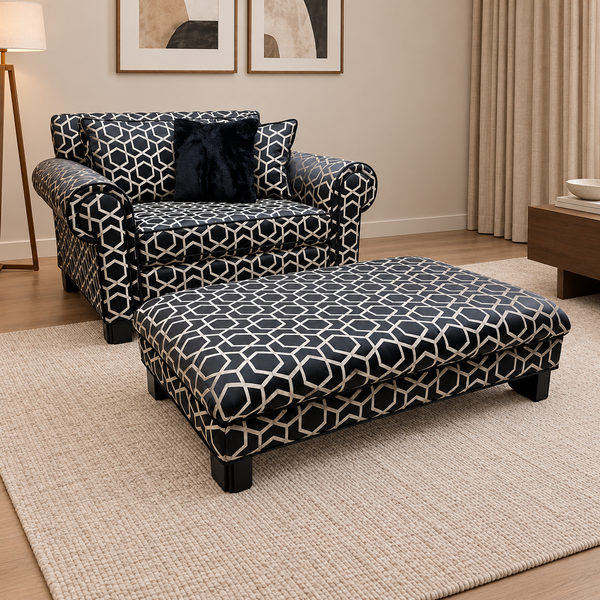 Duresta ‘Ambassador’ Fitzgerald Blk Gld Sp Eby Ft Patterned Fabric Classic Back Reading Chair + Footstool