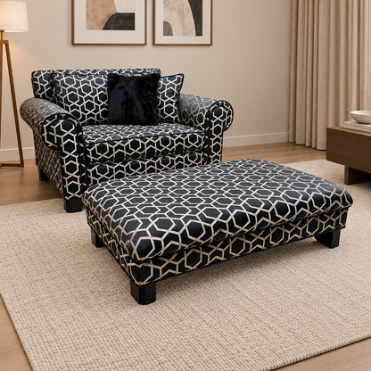 Duresta ‘Ambassador’ Fitzgerald Blk Gld Sp Eby Ft Patterned Fabric Classic Back Reading Chair + Footstool