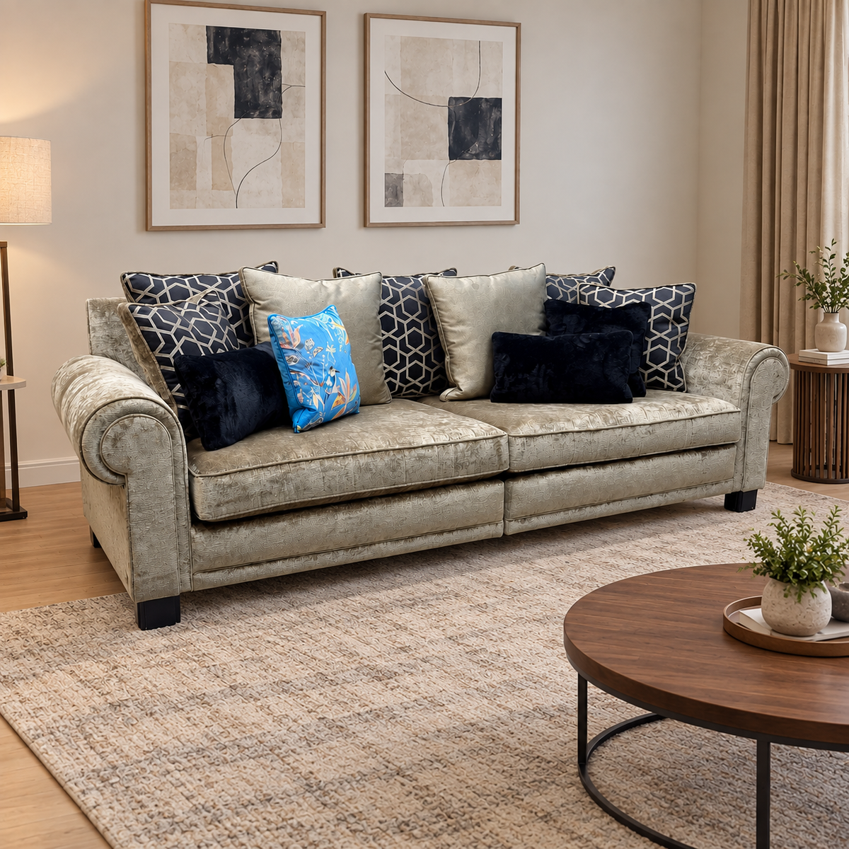 Duresta 'Ambassador' Monarch Gold-Fitz Eby Ft Velvet Fabric Grand 4 Seater Split Frame Scatter Back Sofa