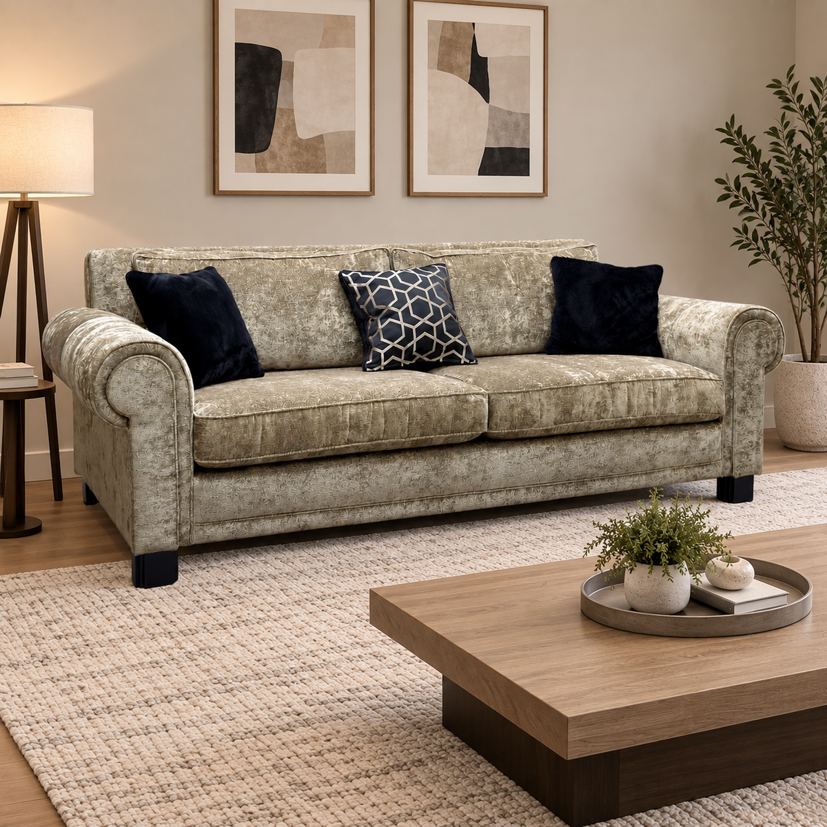 Duresta 'Ambassador' Monarch Gold-Fitz Eby Ft Velvet Fabric Large 3 Seater Classic Back Sofa