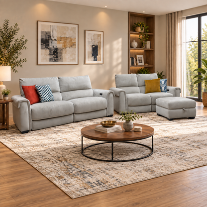 ‘Nixon’ Fab-Coe-R120 Light Khaki Velvet Fabric 3 + 2 Seater Power Recliner Sofa Set + Storage Footstool