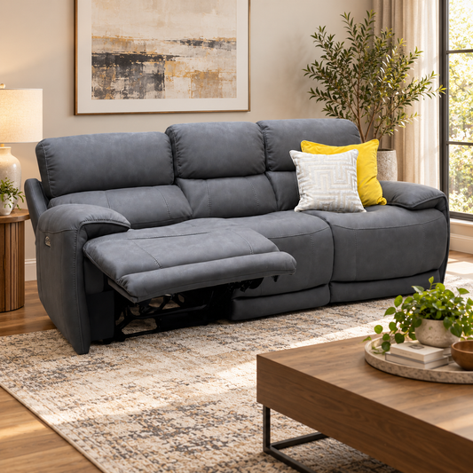 Link grey suede 3 seater power recliner sofa in a living room with abstract art and patterned rug, left seat reclined