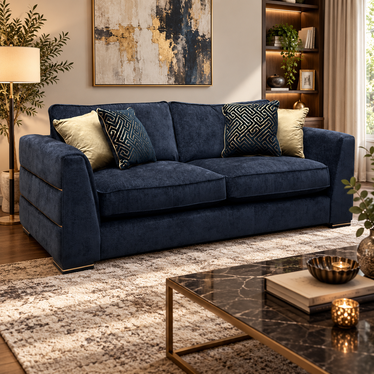 ‘Belissimo’ Mirage Black - Gold Cp Fabric 3 Seater Classic Back Sofa