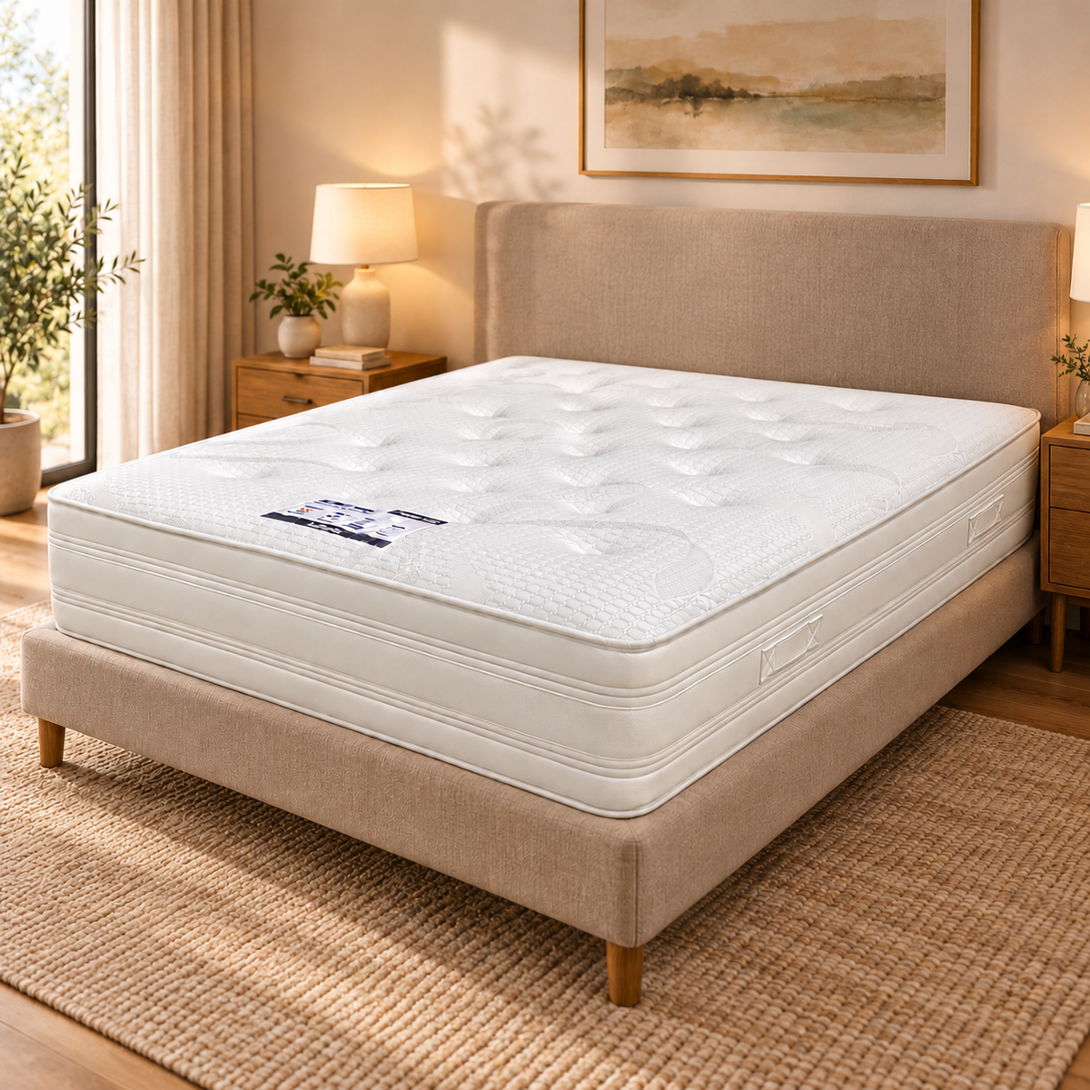 Bliss 1500 pocket orthopedic double sided double mattress on a beige upholstered bed in a bright bedroom