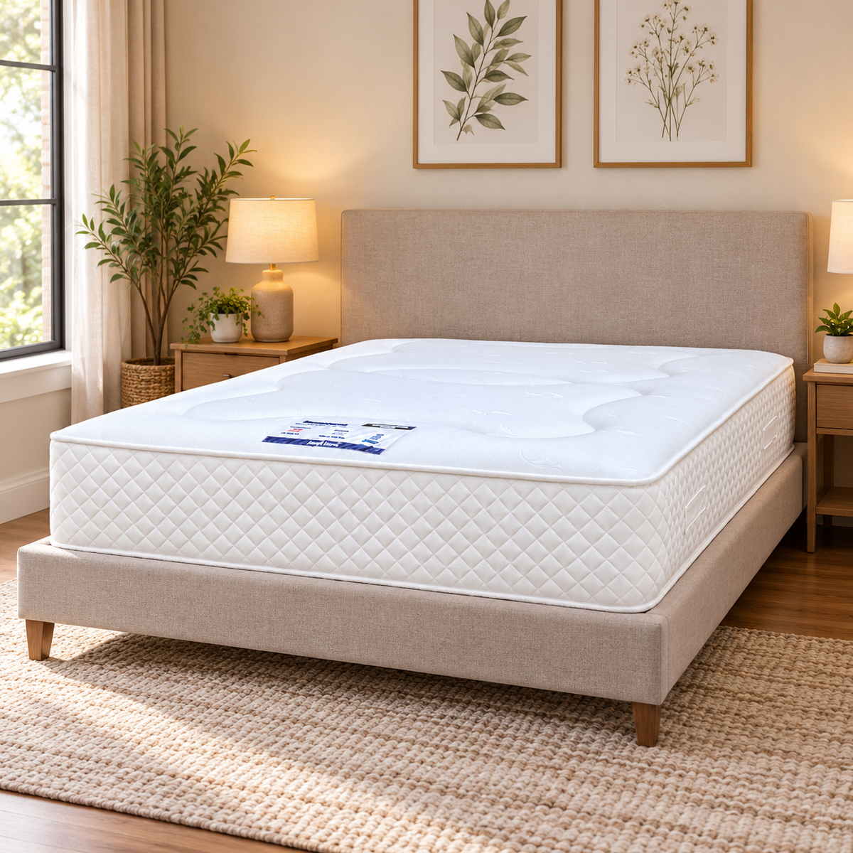 Daydream 800 pocket double mattress on a beige upholstered bed in a bedroom with bedside lamps