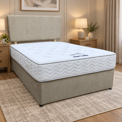 'Arthur' Stone Fabric Strutted Headboard + Divan Base + Lullaby 1500 Pocket Mattress Package Deal - Double