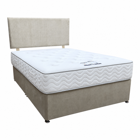Arthur stone fabric strutted headboard and divan base with Lullaby 1500 pocket mattress, double, angled from the left