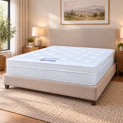 Gentle 1000 pocket memory mattress on a beige upholstered bed frame in a bright bedroom scene