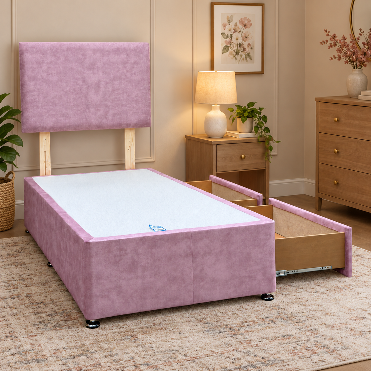 'Rosie' Spice Pink Velvet Strutted Headboard + 2 Drawer Divan Base - Single