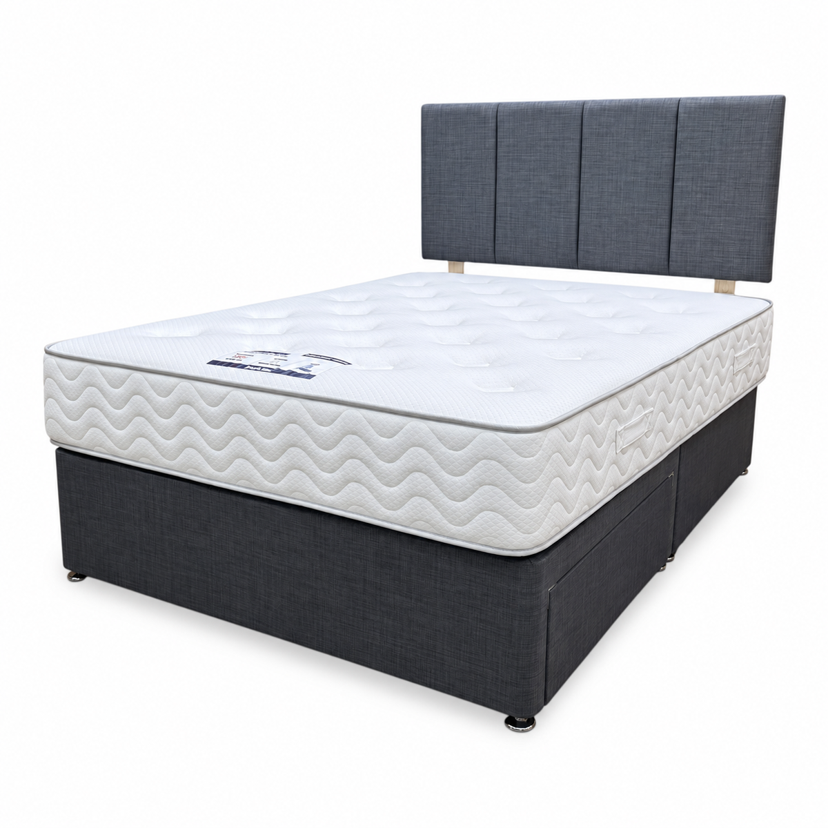 'Harold' Grey Fabric Strutted Headboard + 2 Drawer Divan Base + Lullaby 1500 Pocket Mattress Package Deal - Double