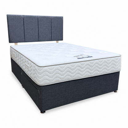 'Harold' Grey Fabric Strutted Headboard + 2 Drawer Divan Base + Lullaby 1500 Pocket Mattress Package Deal - Double
