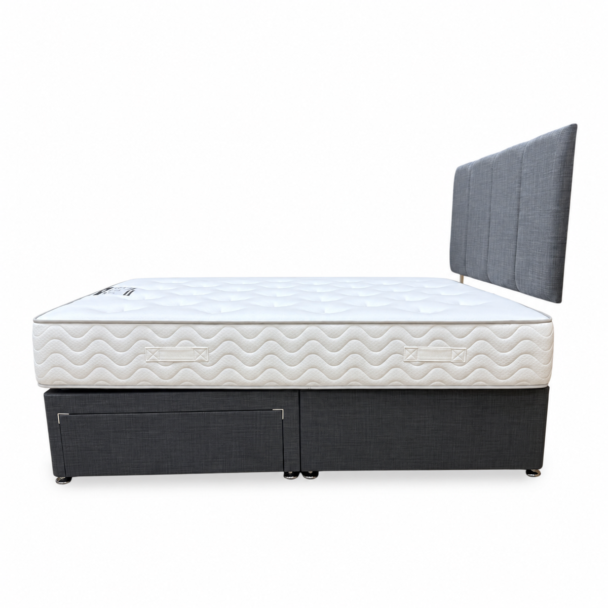 'Harold' Grey Fabric Strutted Headboard + 2 Drawer Divan Base + Lullaby 1500 Pocket Mattress Package Deal - Double