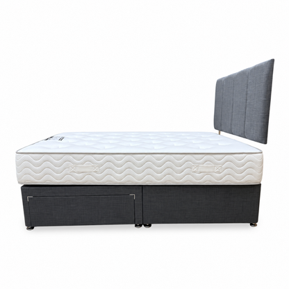 'Harold' Grey Fabric Strutted Headboard + 2 Drawer Divan Base + Lullaby 1500 Pocket Mattress Package Deal - Double