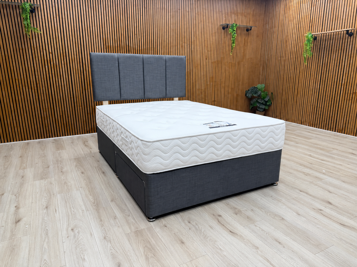 'Harold' Grey Fabric Strutted Headboard + 2 Drawer Divan Base + Lullaby 1500 Pocket Mattress Package Deal - Double