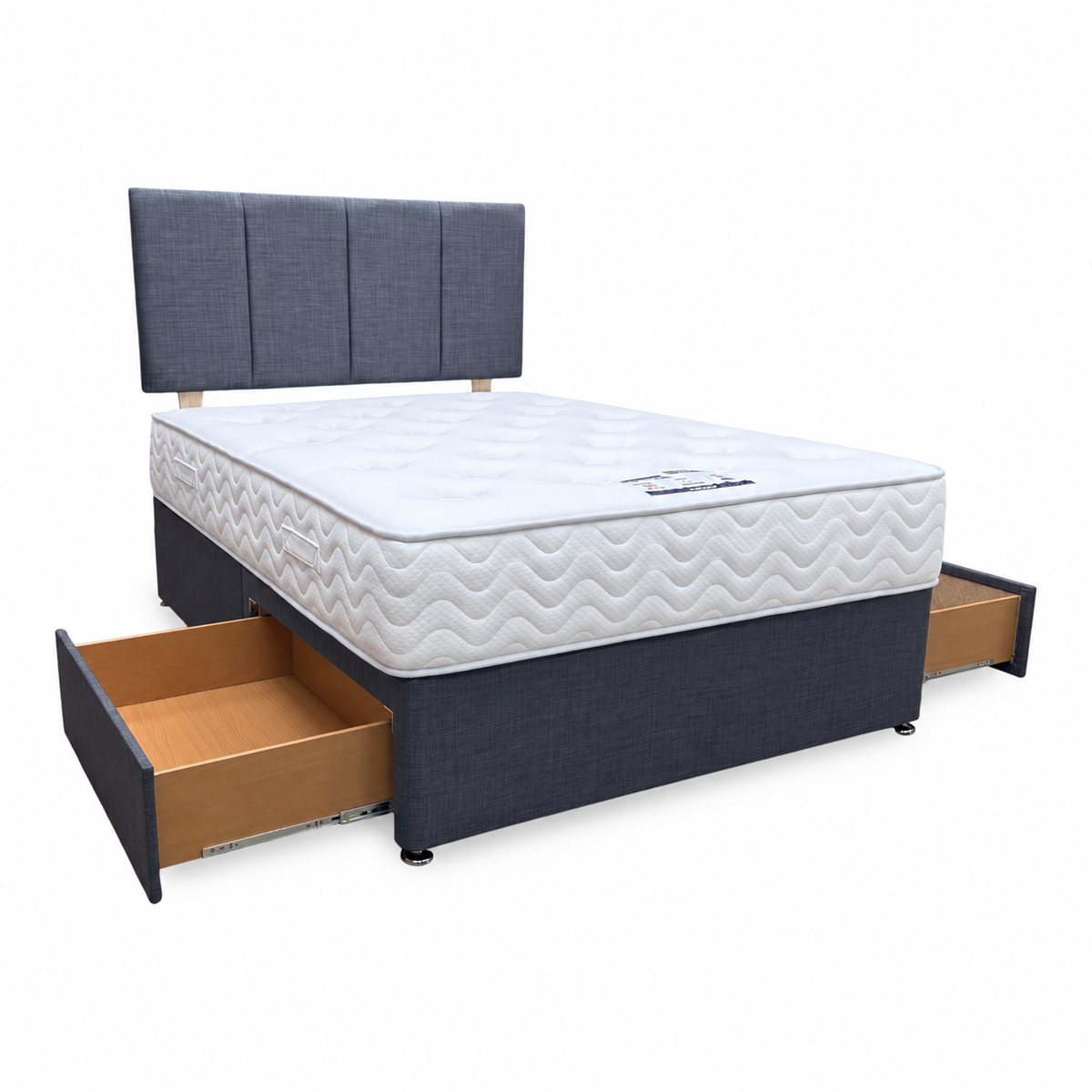 'Harold' Grey Fabric Strutted Headboard + 2 Drawer Divan Base + Lullaby 1500 Pocket Mattress Package Deal - Double