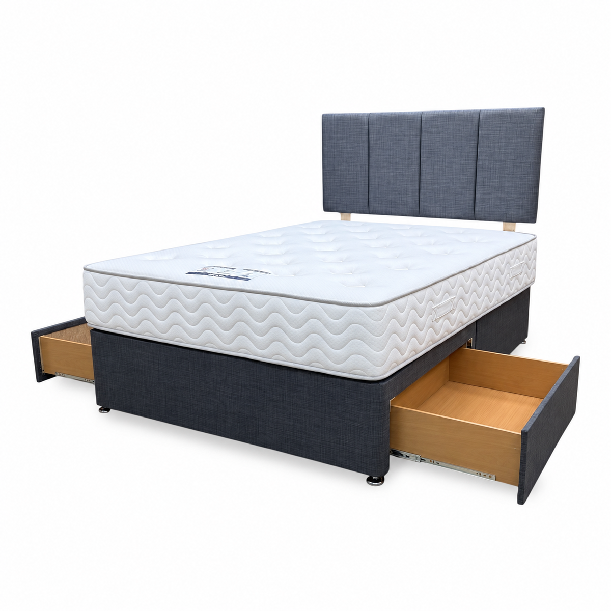 'Harold' Grey Fabric Strutted Headboard + 2 Drawer Divan Base + Lullaby 1500 Pocket Mattress Package Deal - Double