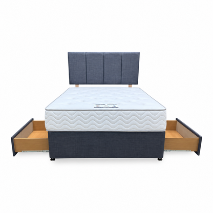 'Harold' Grey Fabric Strutted Headboard + 2 Drawer Divan Base + Lullaby 1500 Pocket Mattress Package Deal - Double