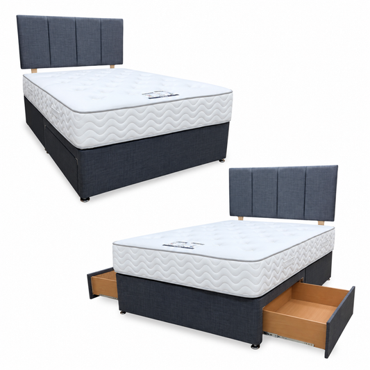 Harold grey fabric double divan with strutted headboard and Lullaby mattress, shown with drawers closed and open