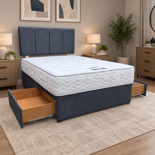 Harold grey fabric double divan bed in a bedroom with the two storage drawers pulled open