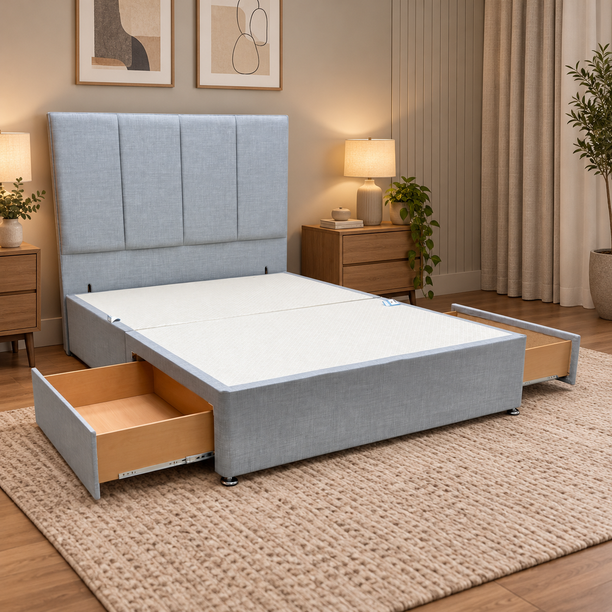 ‘Albert’ Silver Fabric Floor Standing Headboard + 2 Drawer Divan Base - King