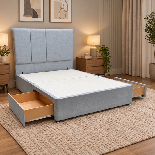 Albert silver fabric king divan base with 2 drawers open and panelled headboard in a bedroom scene
