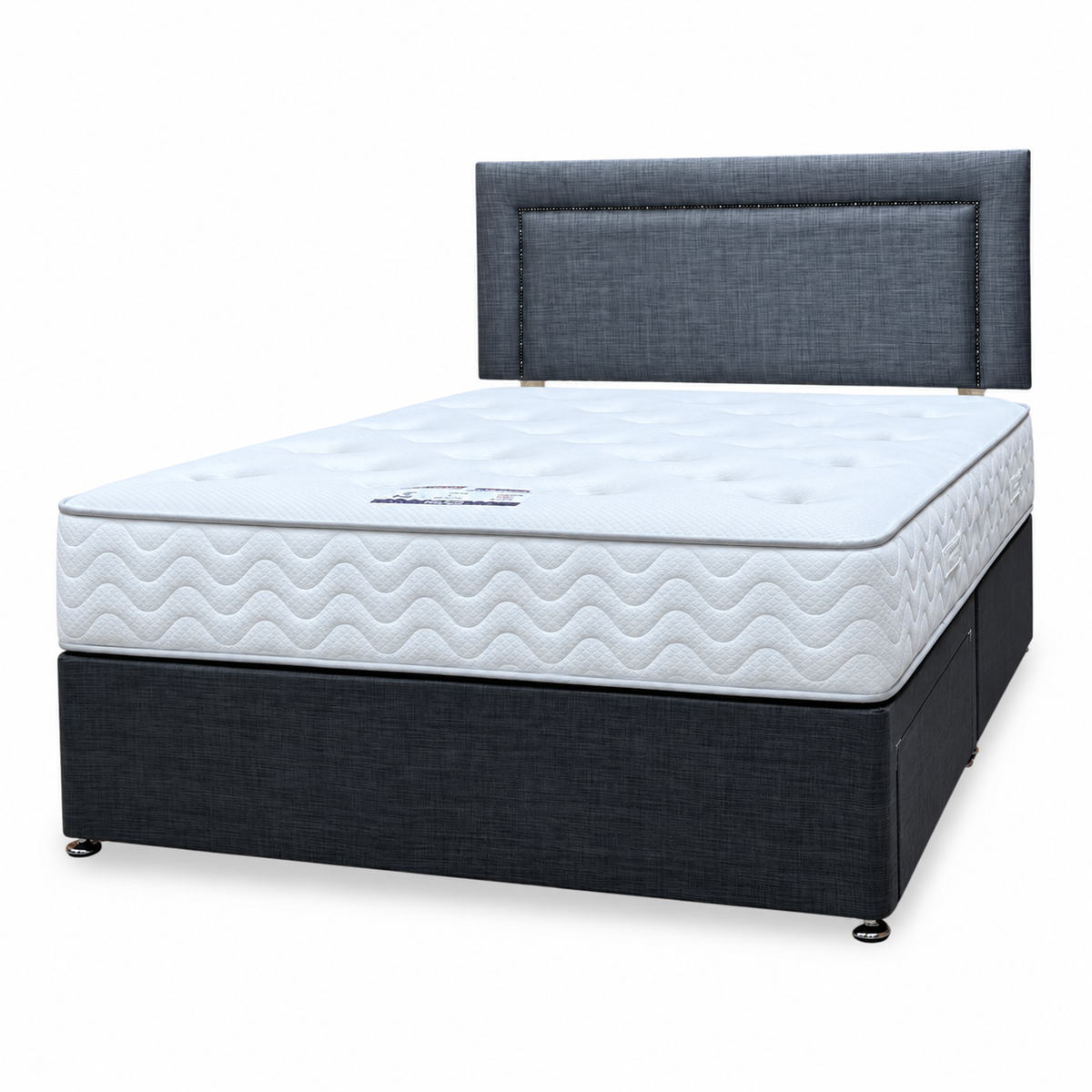 George grey fabric divan base and Lullaby 1500 pocket mattress, angled view from the right with drawers closed