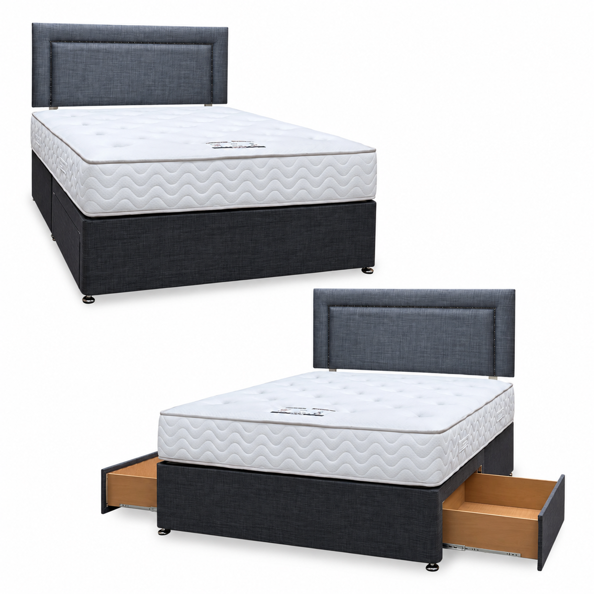 George grey fabric divan bed package, two views with the strutted headboard and 2 drawers closed and open